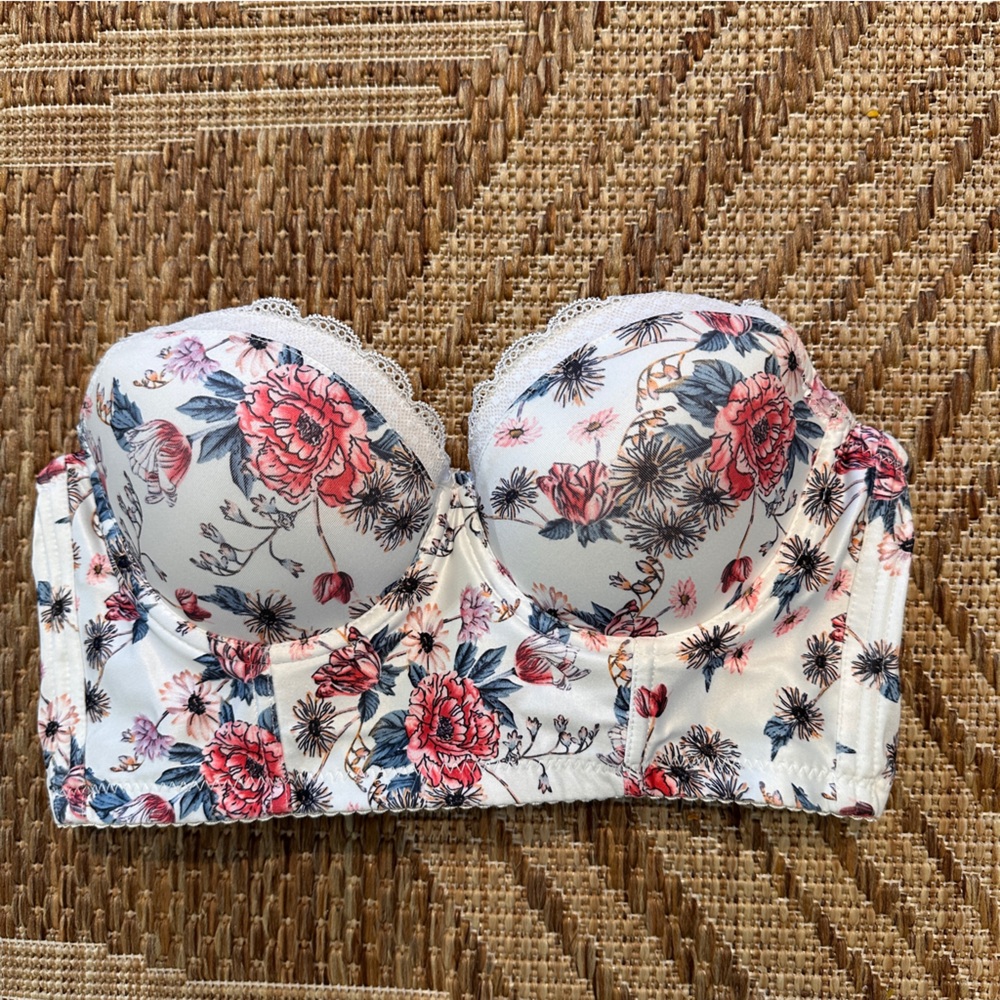 SHEIN NWOT Strapless Floral Longline Push Up Bustier Bra in White & Pink Size L